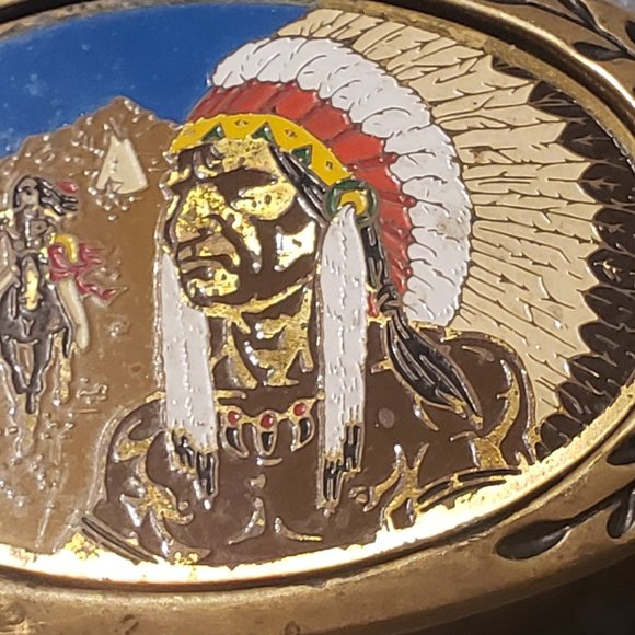 Native American Chief & Warrior Colorful Solid Brass Belt Buckle - Picture 2 of 6